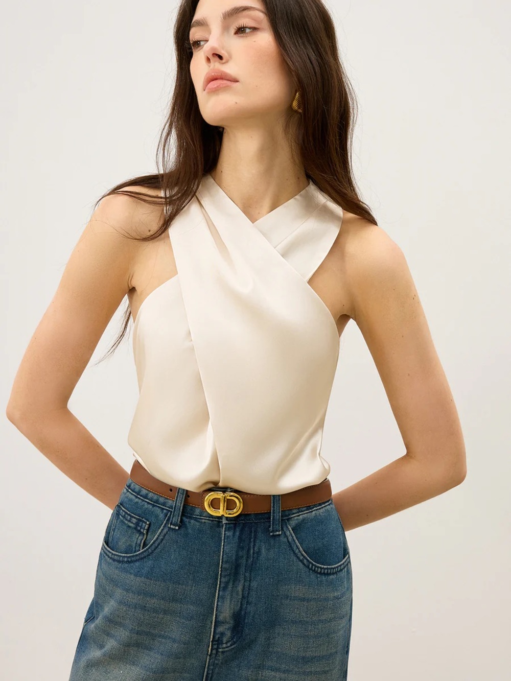 Commense Satin Cross-Over Collar Tank Top
